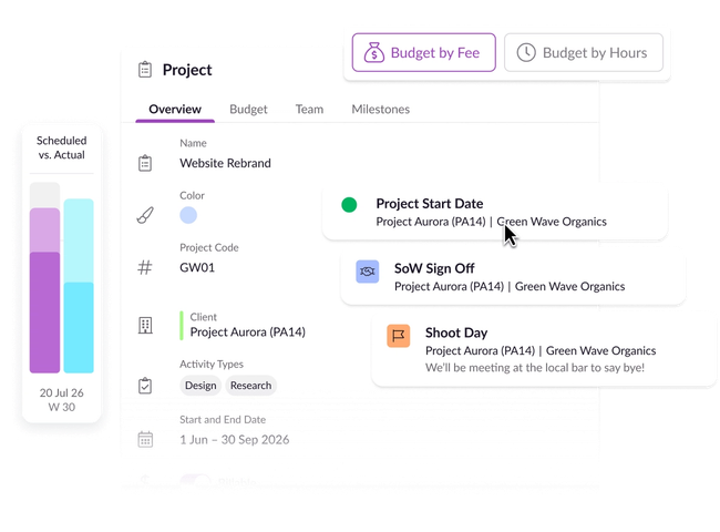 Project overview in Resource Guru overlaid with project fees, budget types, scheduled versus actual time, and milestone examples.